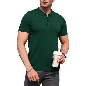 Mens Zipper Polo Shirt Knit Casual Quarter Zip Dark Green
